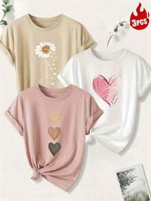 Set de 1camisetas de manga corta, cuello redondo, de estilo casual para mujer - con estampado, tela suave y cómoda, lavable a máquina, blusas de verano - Blanco - Ver 5