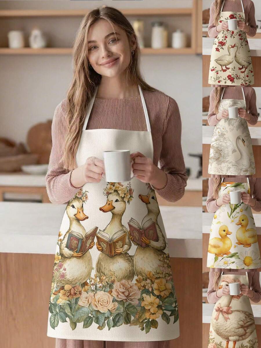 1 pieza, Delantal de poliéster con estampado de pato lindo, adecuado para cocinar, hornear y jardinería - se puede usar como atuendo para la cocina y el comedor. - Multicolor - Ver 1