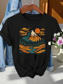 Camiseta de manga corta vintage de las mujeres con impresión panorámica de la puesta del sol de la montaña - blusa de cuello redondo para primavera verano otoño, desgaste casual y al aire libre, top lavable en máquina (no) - ropa de entrenamiento de gimnasio y trajes de vacaciones 1/2/3/4/5 - Negro - Ver 2