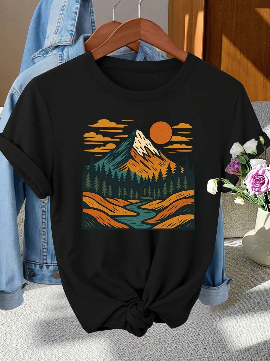 Camiseta de manga corta vintage de las mujeres con impresión panorámica de la puesta del sol de la montaña - blusa de cuello redondo para primavera verano otoño, desgaste casual y al aire libre, top lavable en máquina (no) - ropa de entrenamiento de gimnasio y trajes de vacaciones 1/2/3/4/5