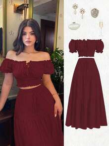 Nuevo conjunto de 2 piezas para mujer con blusa de hombros descubiertos y mangas abullonadas, con lazo en la cintura y falda A-line recogida, ideal para vacaciones, casual, moda joven, versátil y elegante - Burdeos - Ver 7
