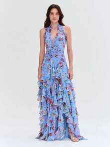 Vestido largo estampado 2026, pliegues en cintura, estilo tierno y elegante - Azul - Ver 1