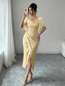 xheModelyn Vestido elegante ajustado con cuello de volantes, mangas de pétalos y hebilla metálica de bloque de color para mujer, primavera/veranoxhe - Amarillo - Ver 6