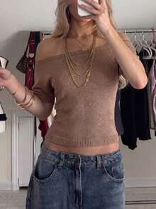 Women's New Off Shoulder Knit Top, Sexy & Suitable For Vacation, Summer - Brownish-brown - View 1