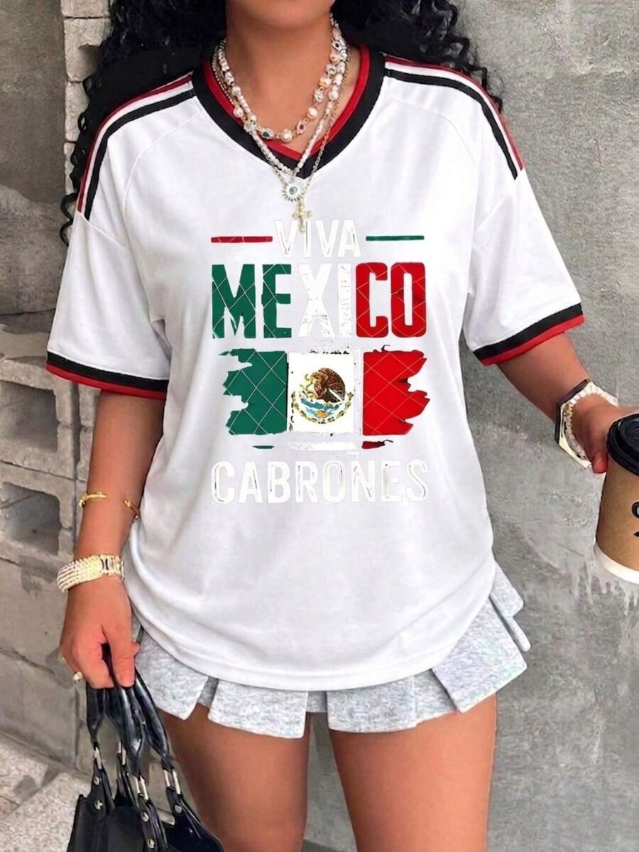 Women's Loose-Fitting T-Shirt, Printed With The Colors Of The Mexican National And Flag, Perfect For Supporting The National Team. Comfortably Soft For Everyday Wear. 100% Cotton, 220 Gsm. Fashionable Everyday Essentials And Holiday Gifts, Unisex. - 白色 - 查看 1