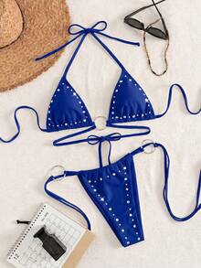 Bộ bikini màu trơn đính kim cương lấp lánh, sequin, hở lưng, kiểu tam giác buộc dây bên hông, gợi cảm, bán chạy nhất mùa hè, màu trơn, kiểu dáng giản dị, gợi cảm, buộc dây sau lưng, thích hợp cho kỳ nghỉ biển. - Màu xanh lam - Xem 2