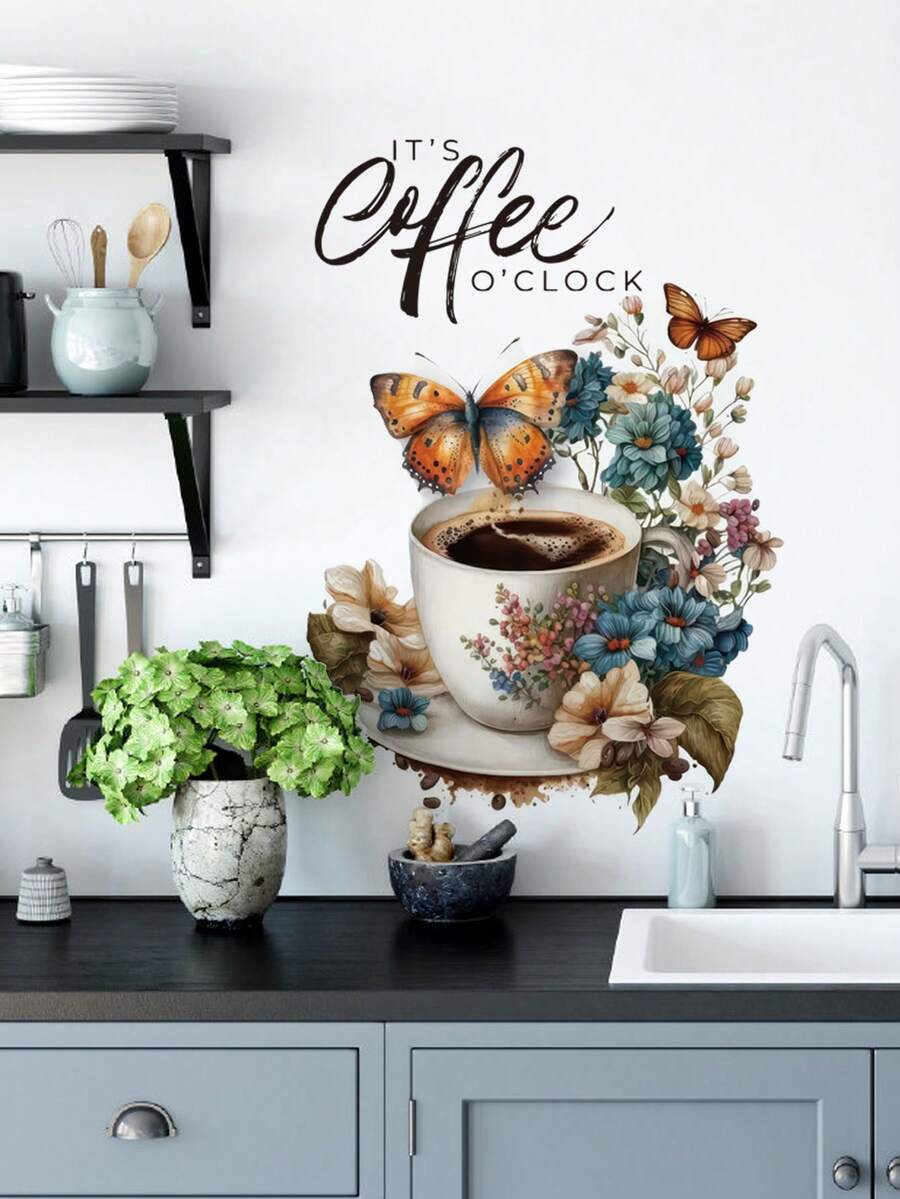 4pcs Coffee Theme Wall Decal Set, Waterproof Self-Adhesive Removable PVC Wall Stickers, Kitchen Coffee Shop Style Background Decor Stickers, Suitable For Kitchen, Dining Room, Cafe, Coffee Corner, Office, Next To Coffee Machine, Bar, Coffee Area. - Wall Stickers - View 1