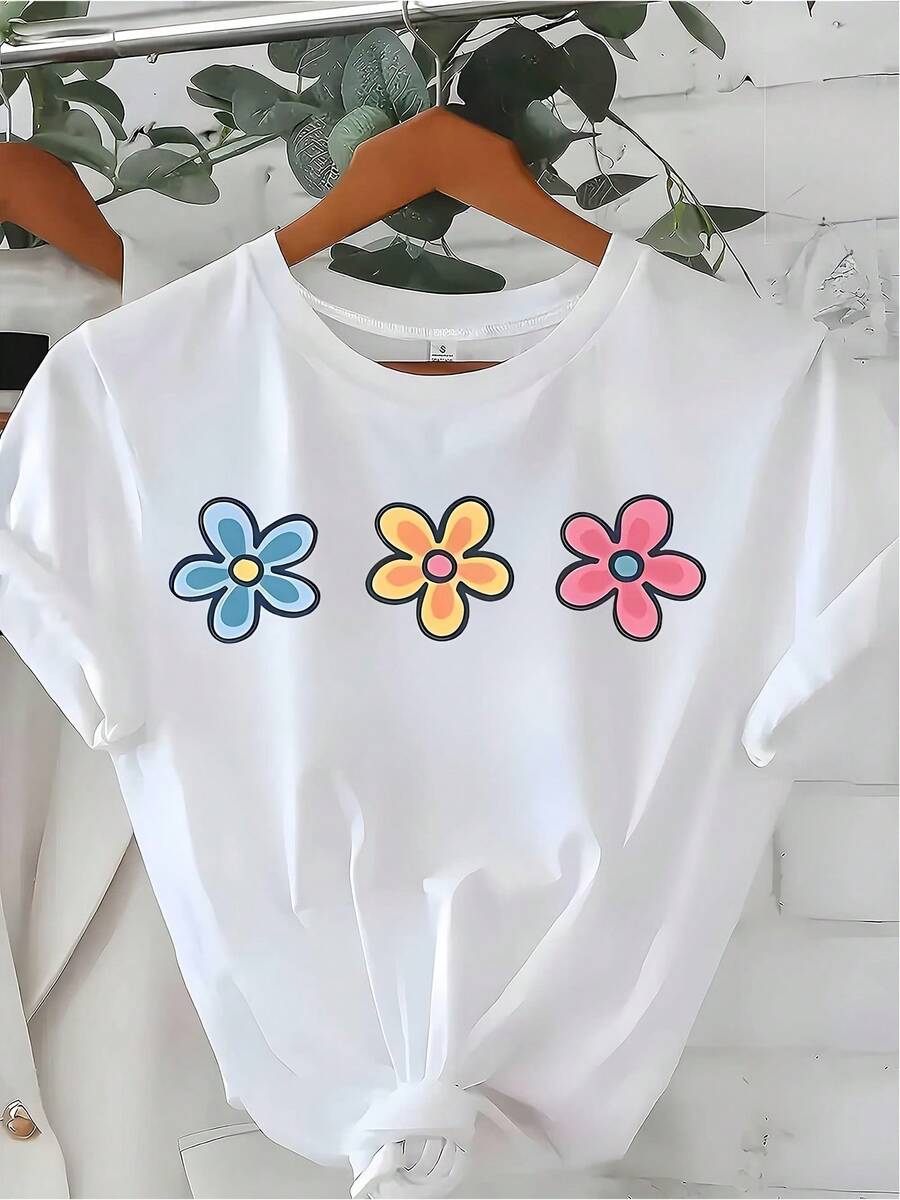Summer New Arrival Women's Casual Fresh Colorful Flower Print Loose White Cotton Short Sleeve T-shirt Women's Fitted Short-Sleeve Tee with Fun Graphics, Perfect for Everyday & Casual Work Looks - Blanco - Ver 1