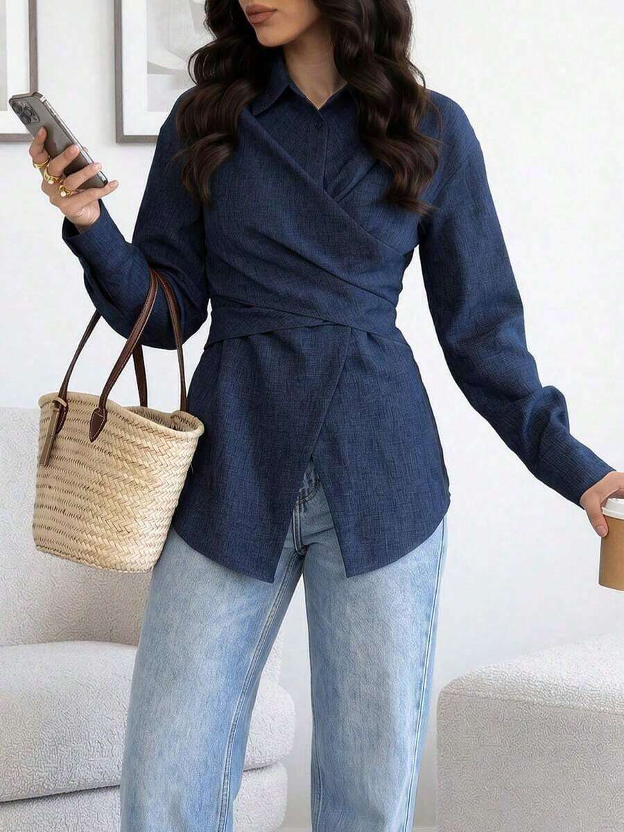 Camisa casual de mujer de manga larga con botones delanteros, para uso diario - Azul marino - Ver 1