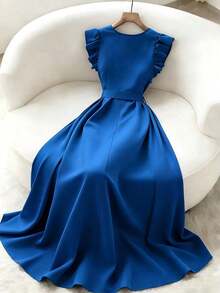 Elegante vestido azul verdoso de cuello en V francés con cintura ceñida y mangas acampanadas con volantes, cinturón con hebilla metálica, para primavera/verano, vestido elegante para damas, ropa de oficina casual, vestido de verano para mujer, vestido de longitud media, vestido de satén mate de alta gama, ropa de verano para mujer, uniforme de maestra - Azul - Ver 2