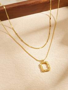 1pc Retro Style Stainless Steel Double Layered Stacked Chain Square Pendant Jewelry Necklace - Gold - View 3