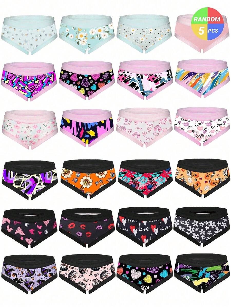 Dircho Juego de 5 bragas de mujer con estampados aleatorios y cintura elástica de contraste, ropa interior suave y elástica con estampados florales, de grafiti y de corazones, paquete transpirable para uso diario - Multicolor - Ver 1