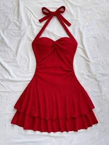 AVestido mini sexy con espalda descubierta, corbata en el cuello, dobladillo fruncido y doble capa, adecuado para fiestas, citas, San Valentín - Rojo - Ver 3