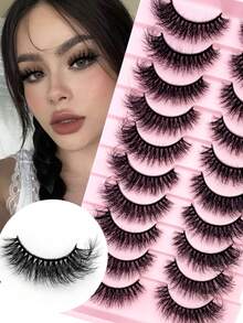 Bộ 10 cặp mi giả 3D lông chồn tự nhiên, kiểu dáng cong chữ D, mềm mại, bồng bềnh, dày, dài, ngắn, tạo hiệu ứng ấn tượng, có thể tái sử dụng. - màu đen - Xem 1