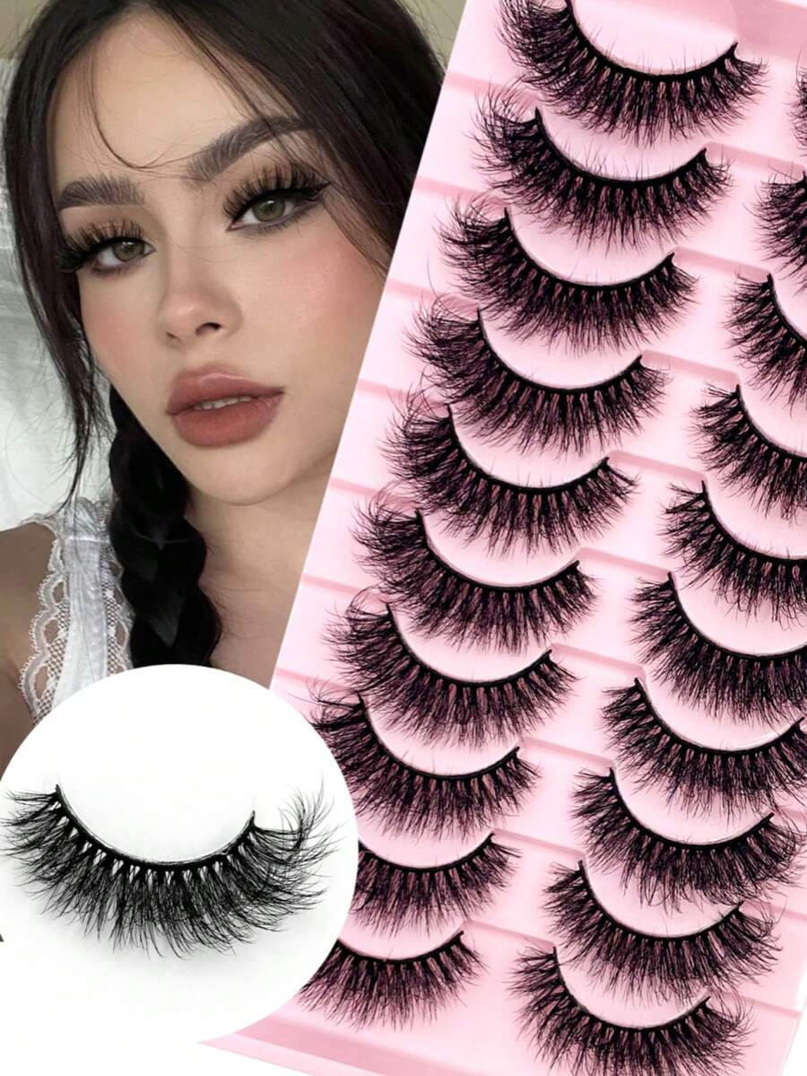 Bộ 10 cặp mi giả 3D lông chồn tự nhiên, kiểu dáng cong chữ D, mềm mại, bồng bềnh, dày, dài, ngắn, tạo hiệu ứng ấn tượng, có thể tái sử dụng. - màu đen - Xem 1
