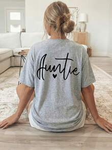 Women's T-Shirt With Double-Sided Front/Back Print - Short Sleeve, Round Neck, Casual Style, Suitable For Casual Wear, Machine Washable, With "Auntie" And Heart Print, Non-Blouse Style For Layering Or Wearing As A Top, 100% Cotton - 淺灰色 - 查看 3