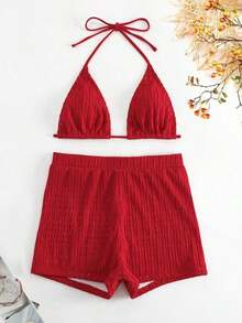 2 piezas Conjunto de bikini de unicolor con textura, tipo halter, adecuado para vacaciones de verano en la playa - Rojo - Ver 5