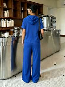 Conjunto de 2 piezas de chaqueta con cremallera y bloqueo de color deportivo, y pantalones anchos de ajuste holgado para mujer - Azul Marino - Ver 5