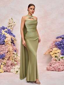 Belle Elegante vestido de dama de honor de novia ajustado con escote corazón y volantes, color verde romántico trenzado mate - Verde - Ver 5