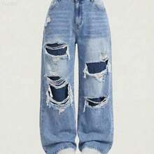 MOD Plus Size Women Casual Loose Fit Distressed Wide Leg Jeans, Blue Summer,Vacation,Easter,Spring,Western,Office,Rave,Cottagecore,Country,Old Money Style Women,Going Out,,Festival,Rodeo,Airport,,Tropical Vacation,Nashville,European Summer,Concert,Cowgirl,Graduation,Elegant,Resort Wear Women,Business Casual Woman,Western Wear Women,Y2k,Y2k,Old Money Style Women,Holiday,Church,Airport /Airport Baggy Jeans - Azul - Ver 1