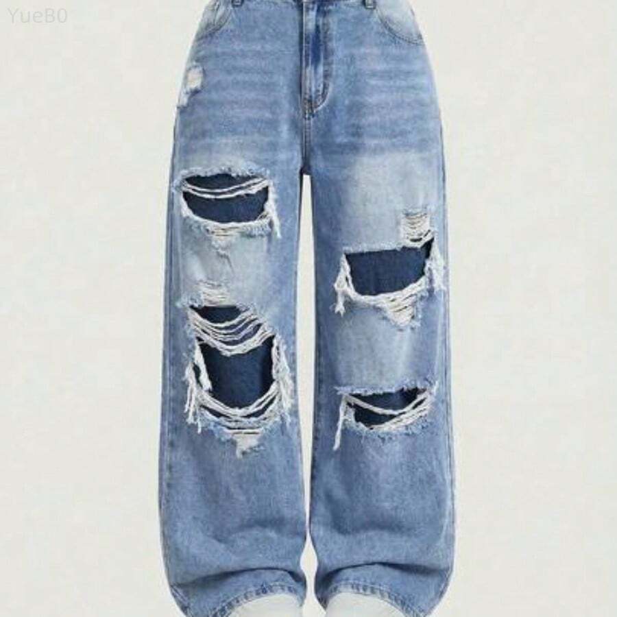 MOD Plus Size Women Casual Loose Fit Distressed Wide Leg Jeans, Blue Summer,Vacation,Easter,Spring,Western,Office,Rave,Cottagecore,Country,Old Money Style Women,Going Out,,Festival,Rodeo,Airport,,Tropical Vacation,Nashville,European Summer,Concert,Cowgirl,Graduation,Elegant,Resort Wear Women,Business Casual Woman,Western Wear Women,Y2k,Y2k,Old Money Style Women,Holiday,Church,Airport /Airport Baggy Jeans - Azul - Ver 1