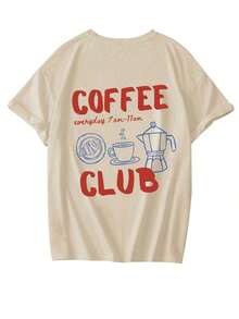 Camiseta blanca de manga corta de estilo casual con cuello redondo y estampado de texto en inglés y café, una prenda versátil y a la moda para el verano. - Albaricoque - Ver 3
