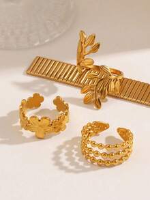 Juego de anillos abiertos de acero inoxidable dorado de alta gama, con diseño en forma de hoja y flor, estilo elegante y exclusivo, adecuado para uso diario, festivales, fiestas, anillos versátiles y apilables - Dorado - Ver 4