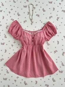 Blusa de manga corta con estampado de lunares y cuello cuadrado cómoda para mujer - Rosa vieja - Ver 12