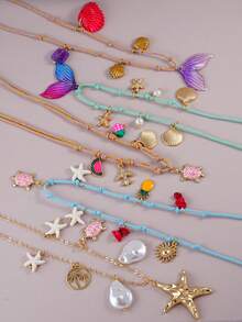 1pc Summer Beach Pendant, Colorful Braided Rope + Gold Chain, Decorated With Mermaid Tail, Seashell, Coconut Tree, Starfish, Sun, Faux Pearl And Turtle Pendants, Suitable For Women's Beach Vacation And Party Wear, Tropical Ocean Style Jewelry - Multicolor - View 2