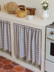 1 pièce Rideau de placard de cuisine, texture en lin, imprimé à carreaux noirs, décoration à franges beiges, jupe d'évier à volants courts, housse anti-poussière et de confidentialité pour étagères ouvertes, décoration de cuisine minimaliste nordique (tringle non incluse) - carreaux blancs - Voir 8