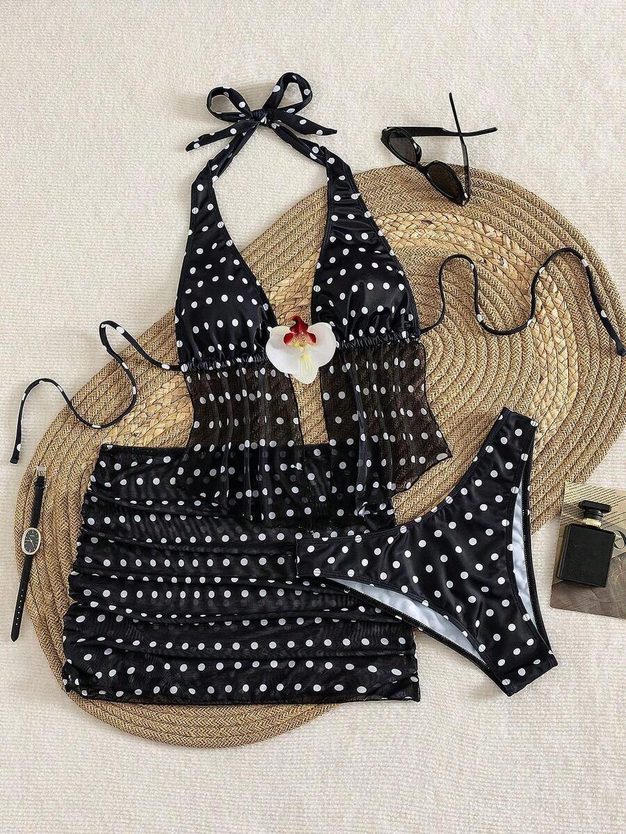 Conjunto de bikini sexy con tirantes de espagueti y estampado aleatorio para mujeres 2026, conjunto de verano, elegante, Día de San Valentín, playa, vacaciones, casual, único, conjunto de verano, conjunto de vacaciones de verano, primavera, conjunto de Día de San Valentín para mujeres, carnaval - Multicolor 7 - Ver 1