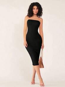 Vestido casual de cena ajustado al cuerpo sin tirantes para mujer - Negro - Ver 6