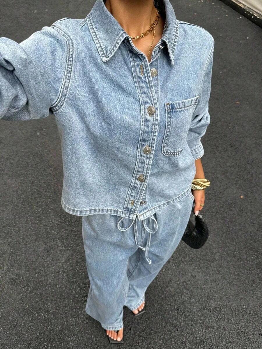 Muchic Conjunto informal de verano de camisa vaquera de botones en azul claro lavado y jeans para mujer - Azul - Ver 1