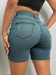 Shorts vaqueros elásticos de corte ajustado con decoración de bigotes de gato para mujer, estilo casual de verano, adecuados para vacaciones, playa, conciertos, festivales de música, creando - Azul marino - Ver 3