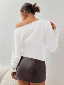 Suéter morado de manga larga, cuello asimétrico y hombros descubiertos, de punto ajustado para mujer, para otoño/invierno - Blanco - Ver 2