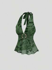 Camiseta de tirantes con cuello halter de estilo retro y romántico para mujer - Verde Oscuro - Ver 3