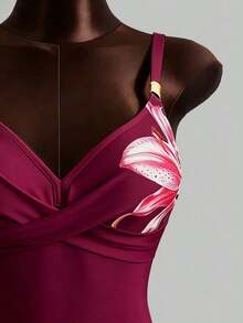 Conjunto de bikini de 2 piezas con estampado floral, accesorio de metal y correa ajustable, de caliente para vacaciones de primavera/verano y playa - Rosa Fucsia - Ver 6