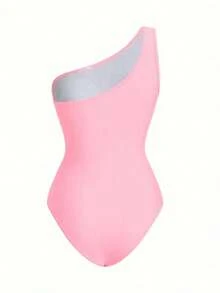 Traje de baño de una pieza con pliegues de unicolor con pareo y falda a juego, perfecto para vacaciones - Rosa - Ver 3