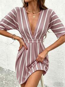 Vestido mini sexy de mujer con cuello en V profundo y mangas cortas a rayas - Rosa - Ver 4