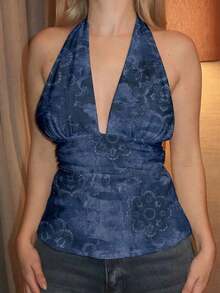 Top sin espalda de halter estilo boho marrón para salir, tipo babydoll, para primavera a verano - Azul - Ver 3