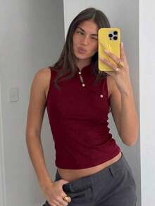 de estilo chino retro con cuello de cheongsam para mujer, top negro casual, top de pullover adecuado para vacaciones, fiestas, elegante para mujer, uso diario casual.Top negro sin mangas de cuello alto, top negro de verano - Burdeos - Ver 1