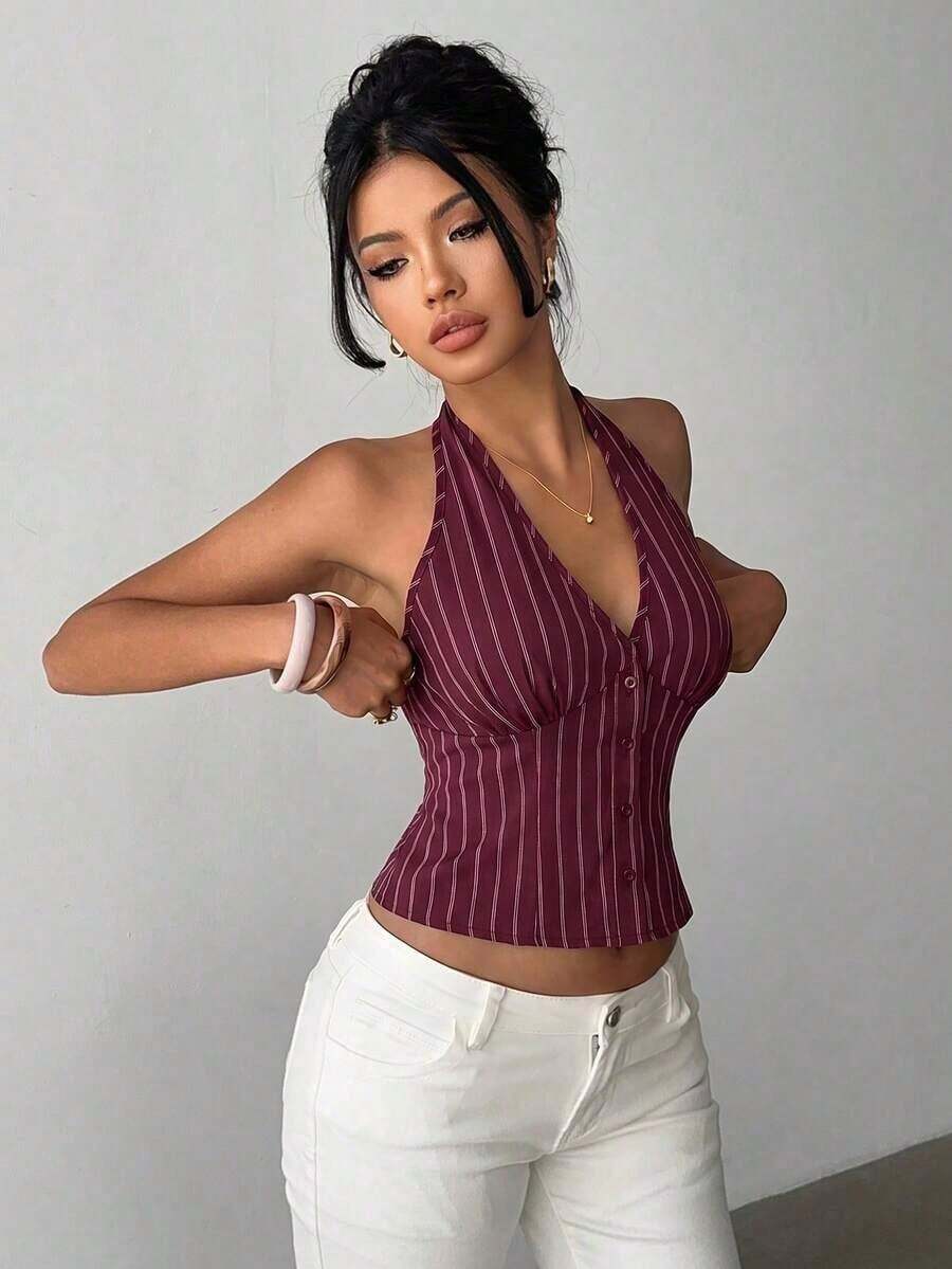 delgado de mujer de algodón con rayas, cuello alto y abotonadura sencilla, para otoño/invierno - Burdeos - Ver 1