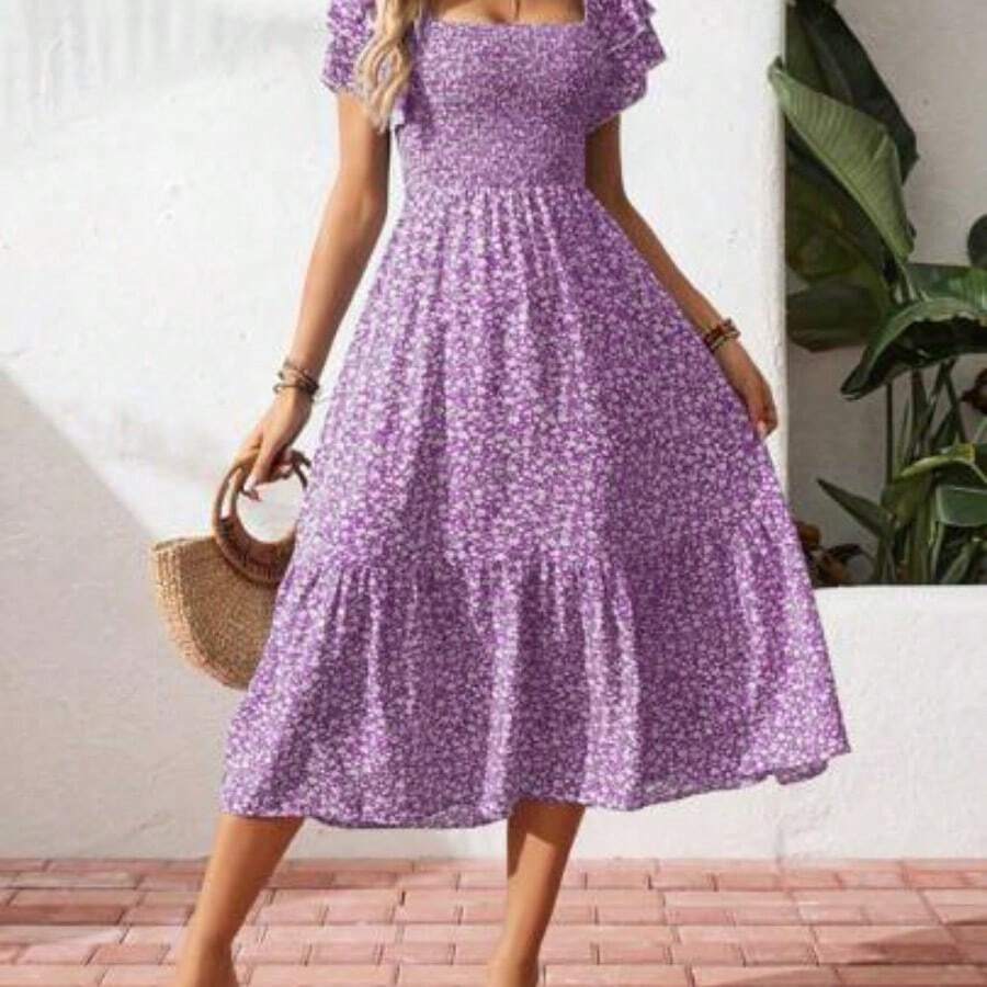 Square Neck Ditsy Floral Casual Summer Short Sleeve Dress Maxi Vacation Beach Outfits Women - Morado - Ver 1