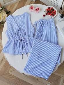 Sweetro Set de 2 piezas: Pantalones rectos con cordones y rayas, estilo callejero para mujer, verano - Azul 3 - Ver 9