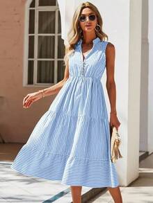 Vestido largo de línea A con cuello en pico y estampado de rayas, atuendo de vacaciones y playa para mujeres - Azul - Ver 4