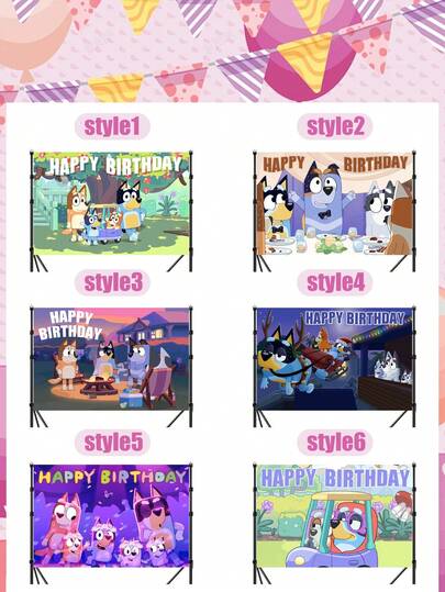  Colección de fondos de pantalla de cumpleaños con tema de Bluey, con seis diseños de escenas vibrantes con la querida familia de Bluey. Hechos de poliéster ligero y resistente a las arrugas, estos fondos son fáciles de colgar y reutilizar, perfectos para fiestas de cumpleaños temáticas, photocalls y decoración de mesas de postres. Las vívidas impresiones agregan una atmósfera lúdica e inmersiva a las celebraciones, creando un entorno alegre para fotos memorables.