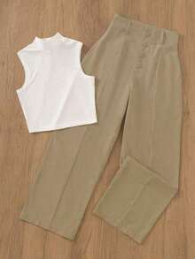 Conjunto de chaleco y pantalones de unicolor, casual, de vacaciones, con falsos botones, para oficina y jardín, de cuello alto, elegante para primavera/verano - albaricoque y blanco - Ver 2