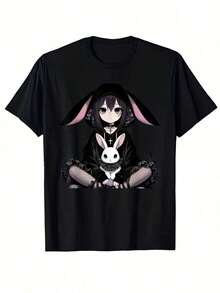 Camiseta de Mujer con Estampado Gráfico de Anime - Diseño de Orejas de Conejo y Personajes Adorables, Camiseta Casual de Manga Corta y Cuello Redondo en Color Negro, Ligera para Verano y Primavera, Lavable a Máquina, Camiseta de Anime, Ropa Casual, Diseño Divertido, Ajuste Cómodo, Transpirable y Confortable. - Negro - Ver 1