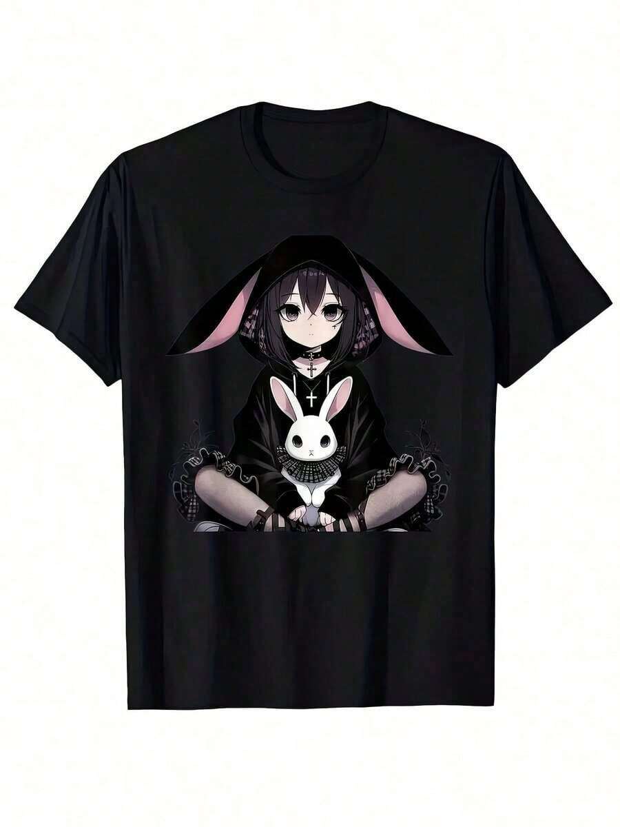 Camiseta de Mujer con Estampado Gráfico de Anime - Diseño de Orejas de Conejo y Personajes Adorables, Camiseta Casual de Manga Corta y Cuello Redondo en Color Negro, Ligera para Verano y Primavera, Lavable a Máquina, Camiseta de Anime, Ropa Casual, Diseño Divertido, Ajuste Cómodo, Transpirable y Confortable. - Negro - Ver 1