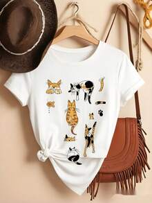 Women's Cat Print Cotton T-Shirt, Short Sleeve Crew Neck Top, Medium Stretch Summer Casual Tee For Cat Lovers - 白色 - 查看 1